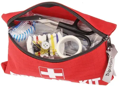 Tripworthy Travel Size First Aid Kit opened up to show contents inside