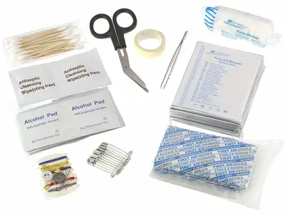 Tripworthy Travel Size First Aid Kit supplies that are included. One-hundred pieces total.